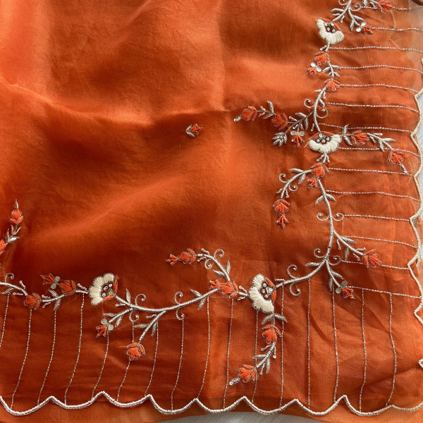Orange Pure Organza Pearl Work Saree