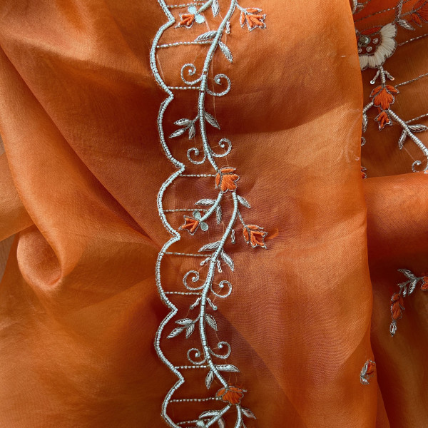 Orange Pure Organza Pearl Work Saree