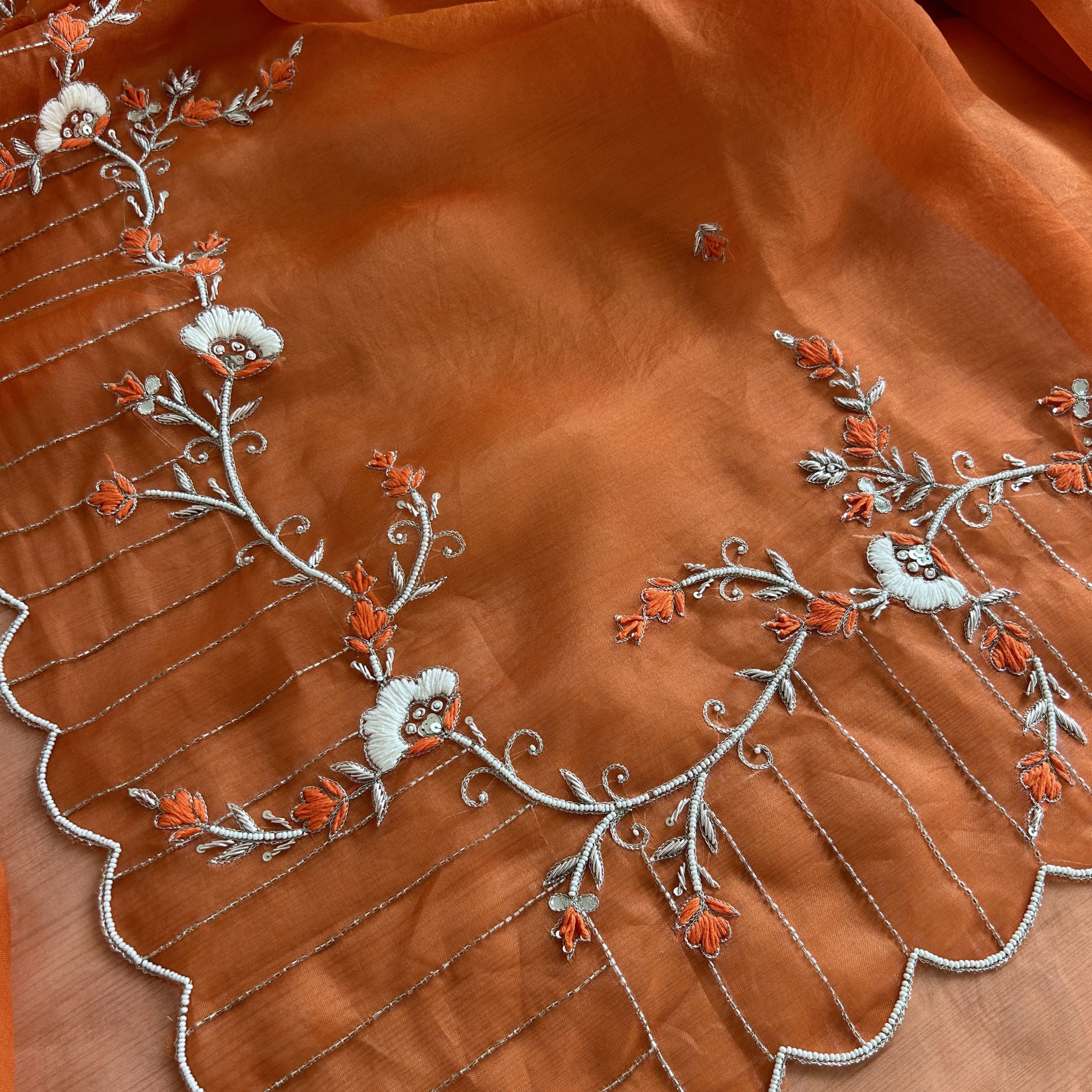 Orange Pure Organza Pearl Work Saree