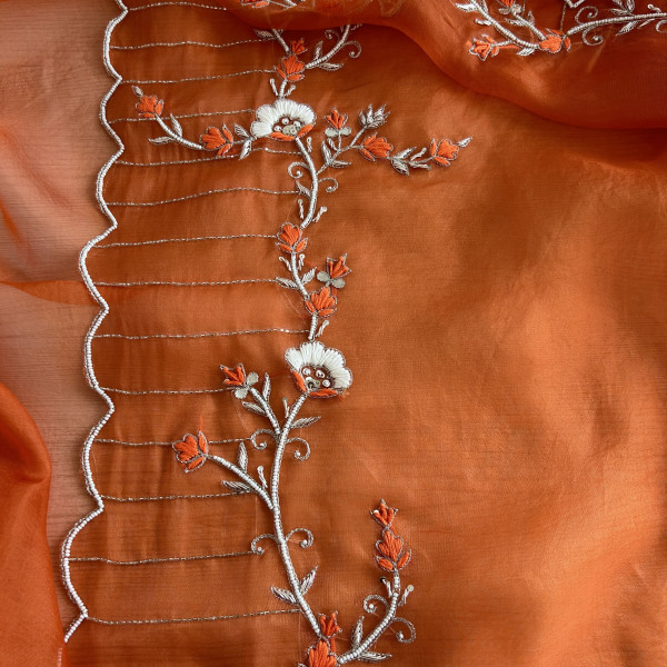 Orange Pure Organza Pearl Work Saree