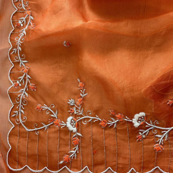 Orange Pure Organza Pearl Work Saree