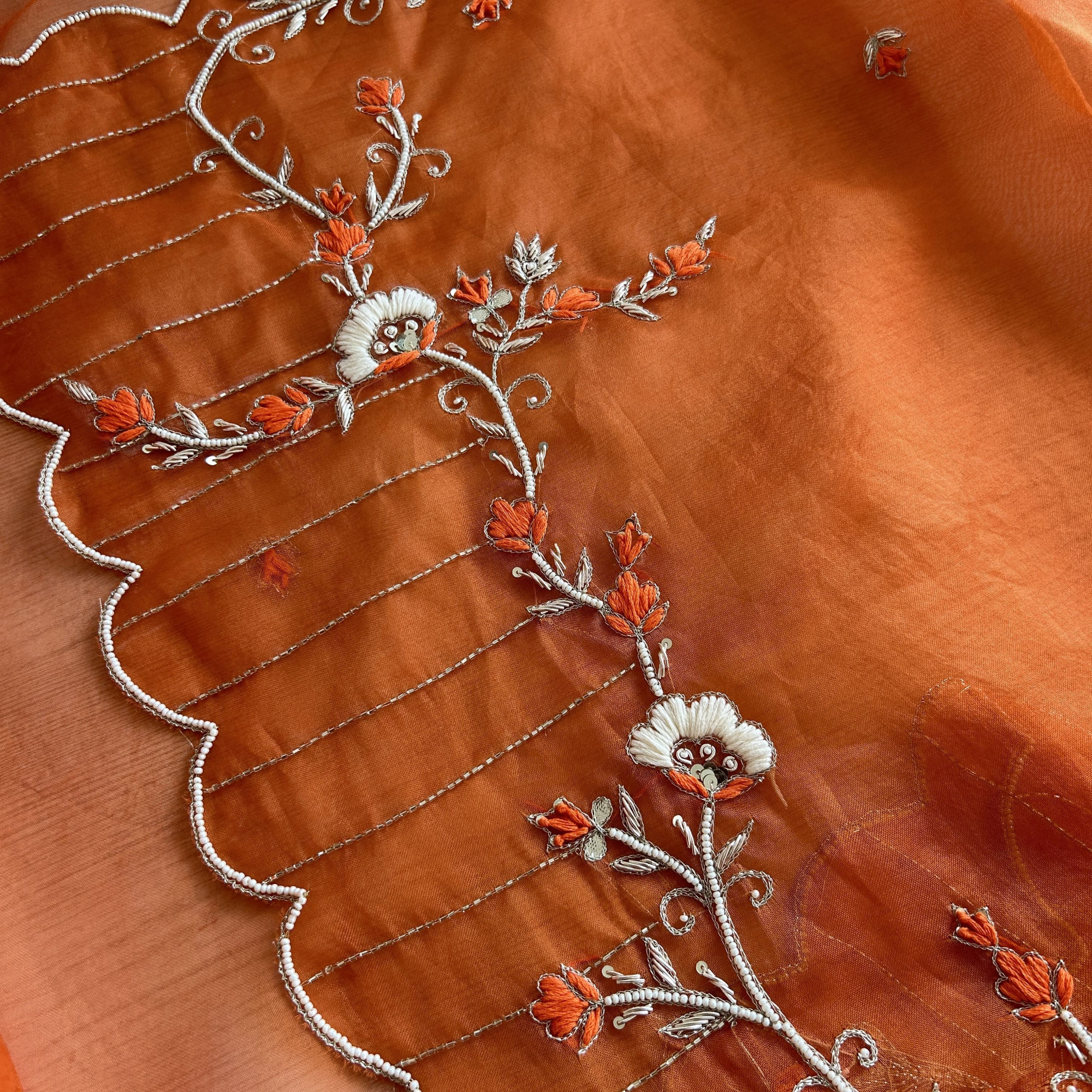 Orange Pure Organza Pearl Work Saree