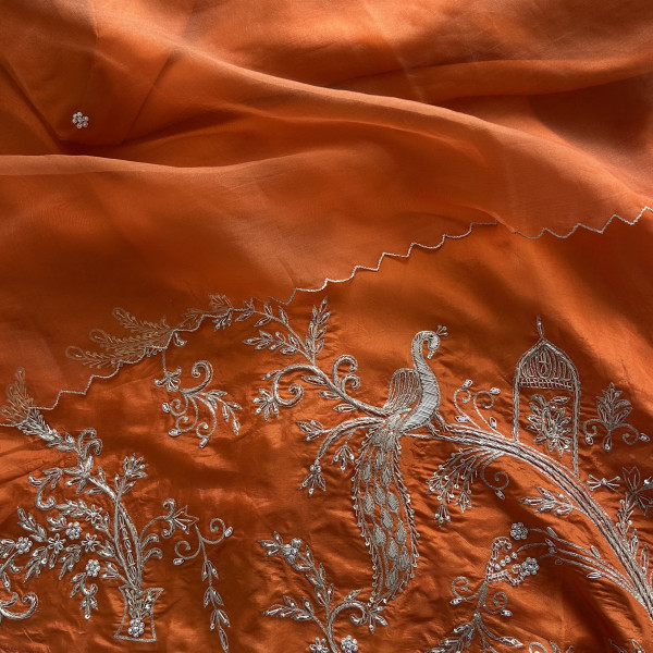 Orange Silk Peacock Zardozi Embroidered Suit Set
