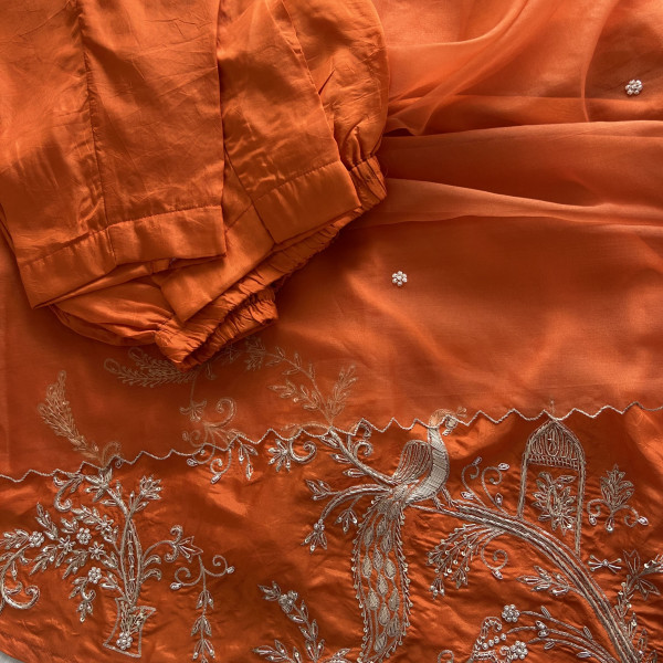 Orange Silk Peacock Zardozi Embroidered Suit Set