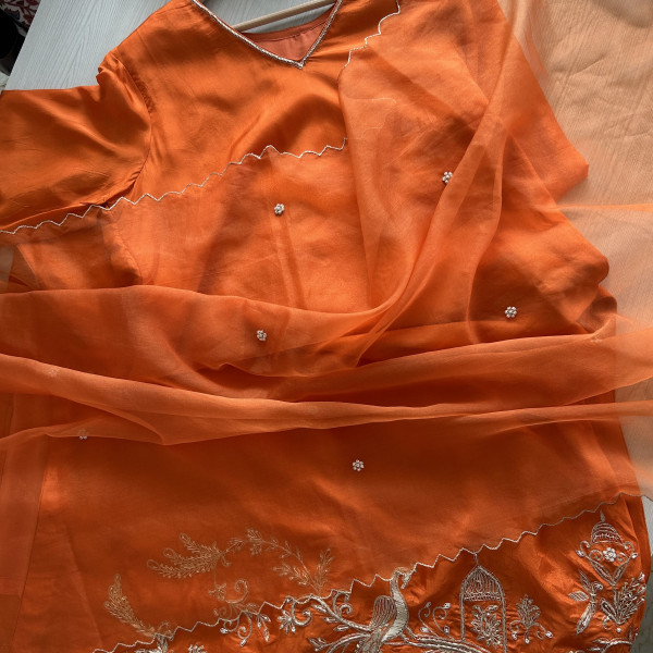Orange Silk Peacock Zardozi Embroidered Suit Set