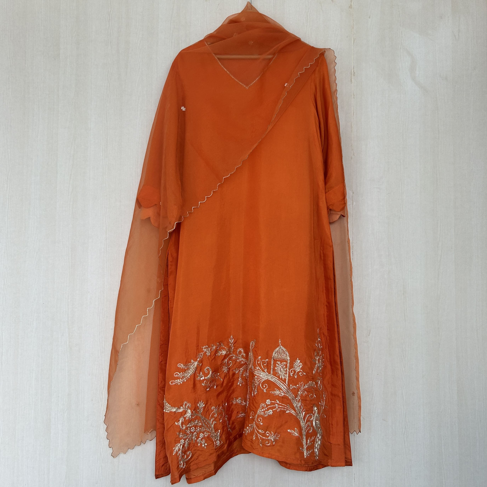 Orange Silk Peacock Zardozi Embroidered Suit Set