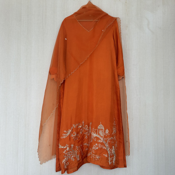 Orange Silk Peacock Zardozi Embroidered Suit Set