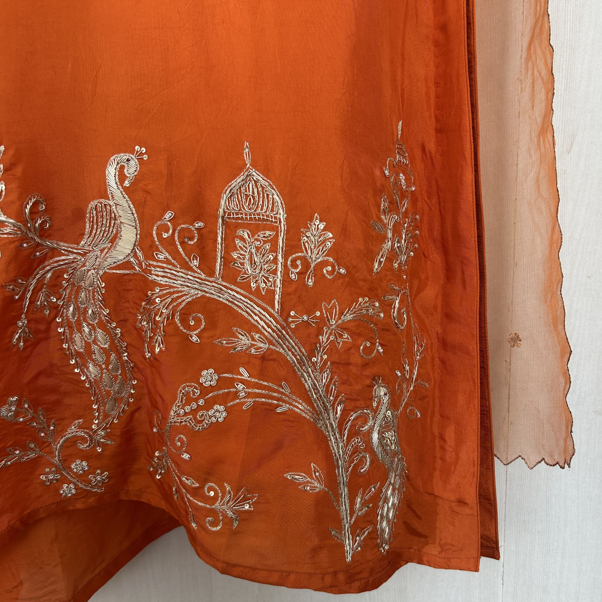 Orange Silk Peacock Zardozi Embroidered Suit Set