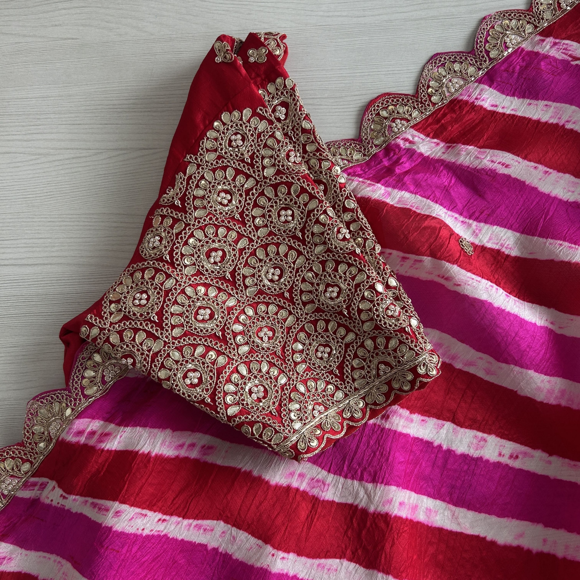 Magenta Red Leheriya Tussar Silk Saree