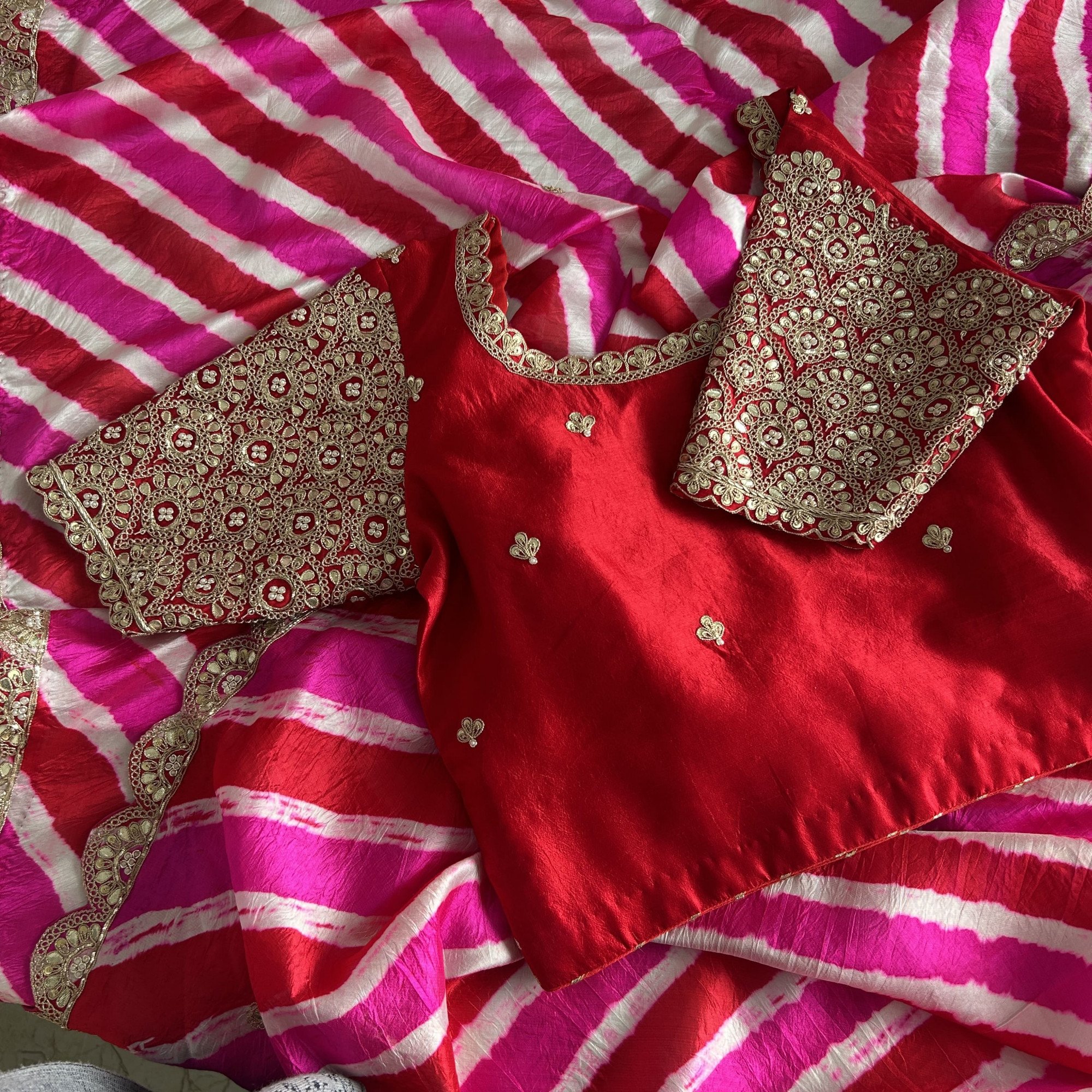 Magenta Red Leheriya Tussar Silk Saree