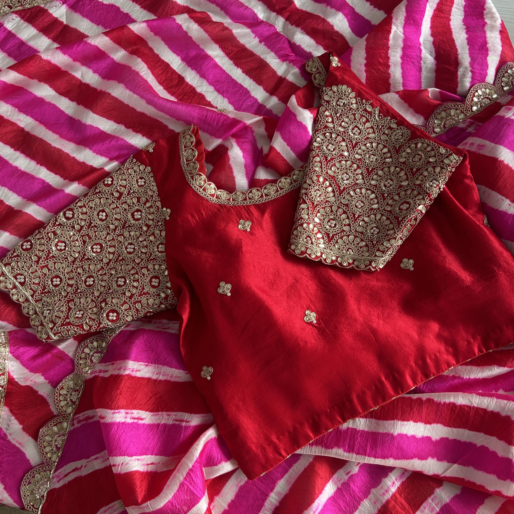 Magenta Red Leheriya Tussar Silk Saree