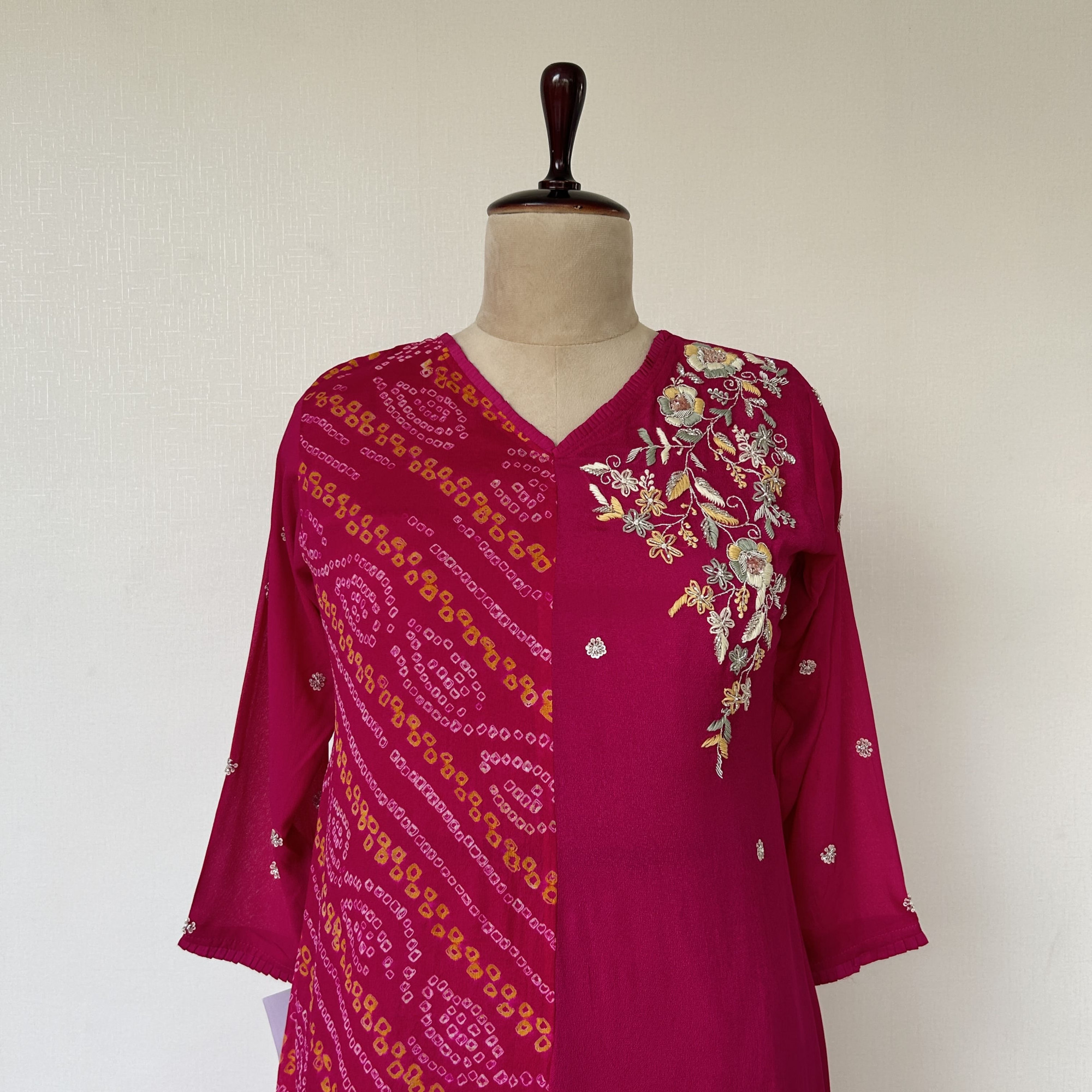 Magenta Bandhani and Embroidered Chinon Suit Set