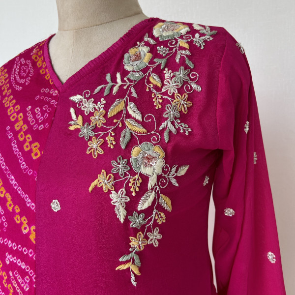 Magenta Bandhani and Embroidered Chinon Suit Set