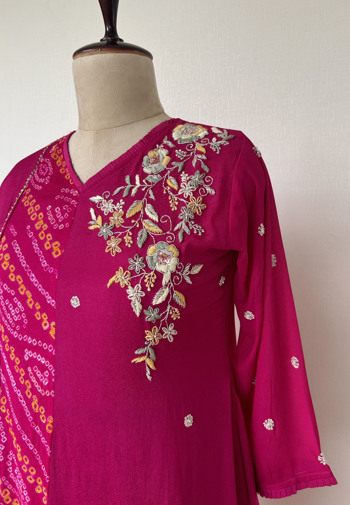 Magenta Bandhani and Embroidered Chinon Suit Set