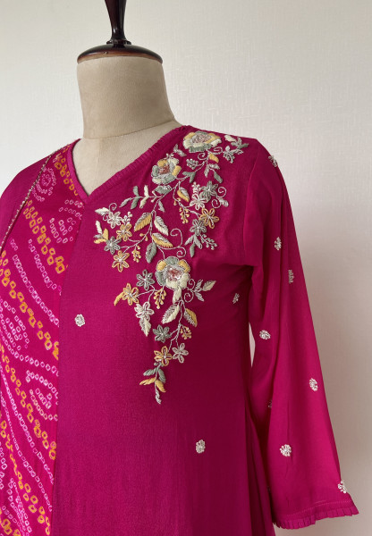 Magenta Bandhani and Embroidered Chinon Suit Set
