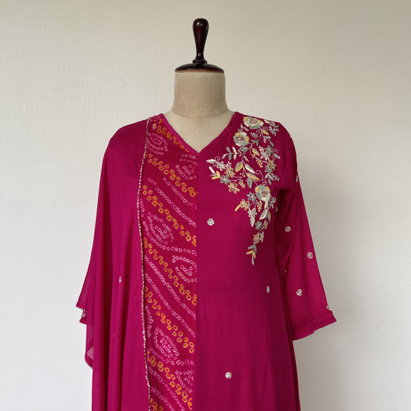 Magenta Bandhani and Embroidered Chinon Suit Set