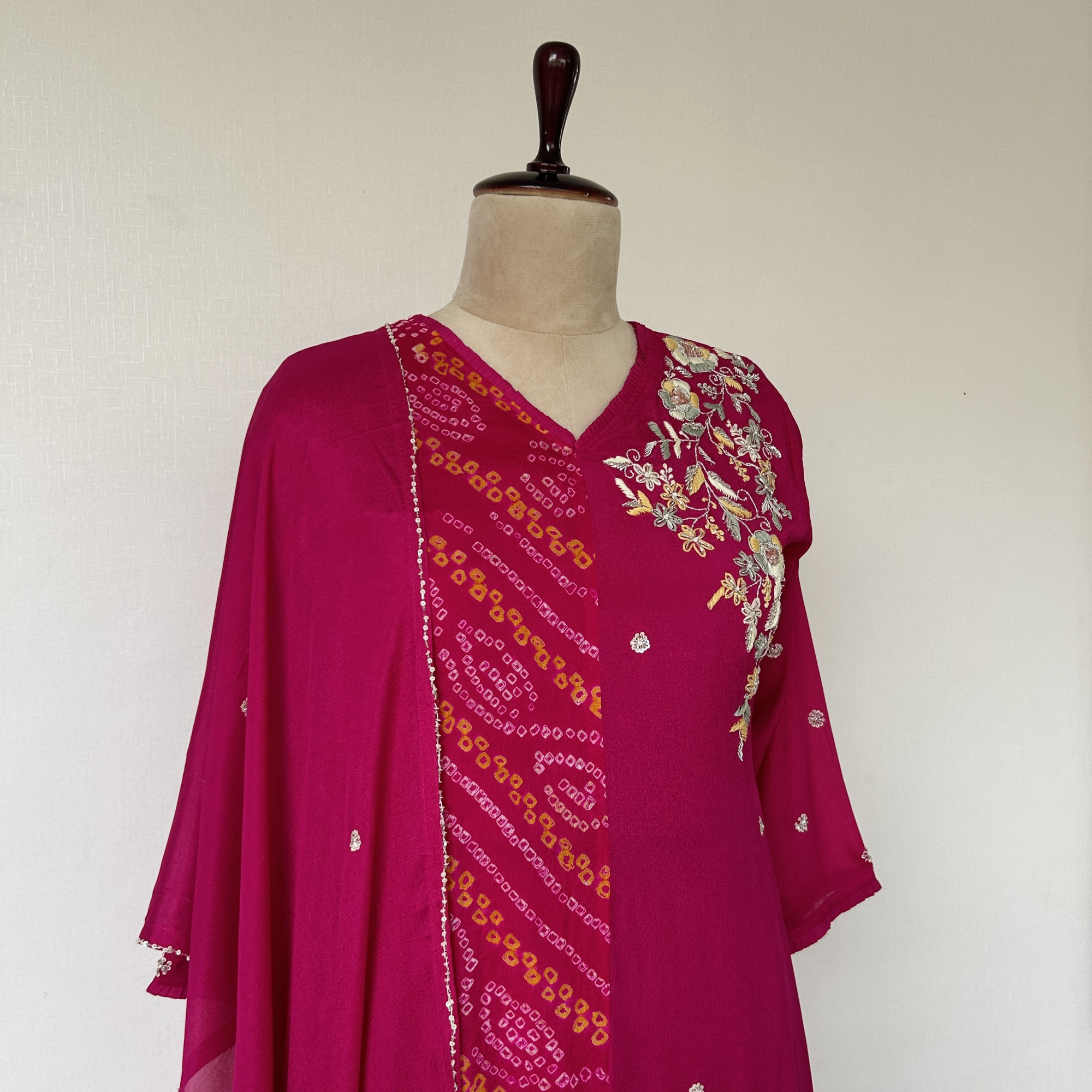 Magenta Bandhani and Embroidered Chinon Suit Set