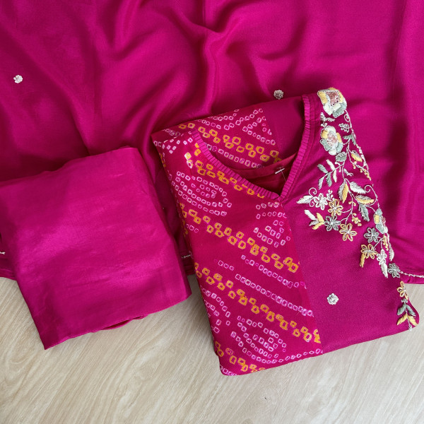 Magenta Bandhani and Embroidered Chinon Suit Set