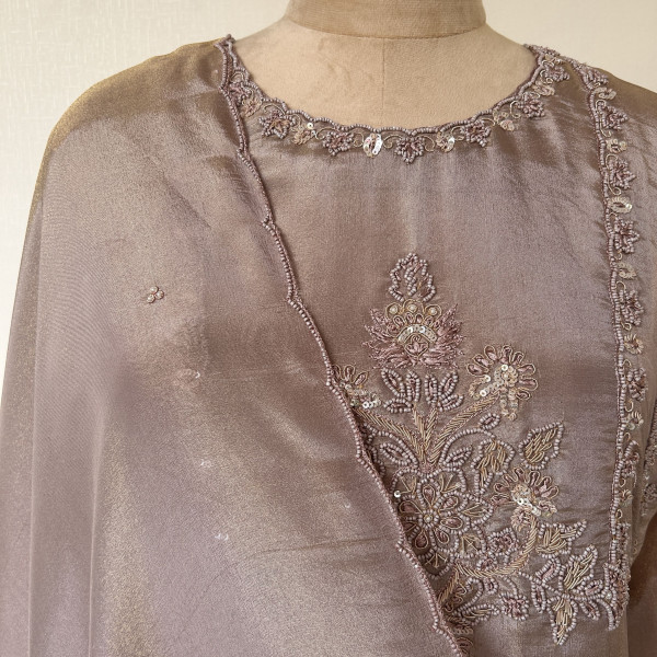 Grey-Brown Hand-Embroidered Tissue Suit Set