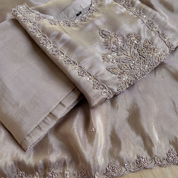 Grey-Brown Hand-Embroidered Tissue Suit Set