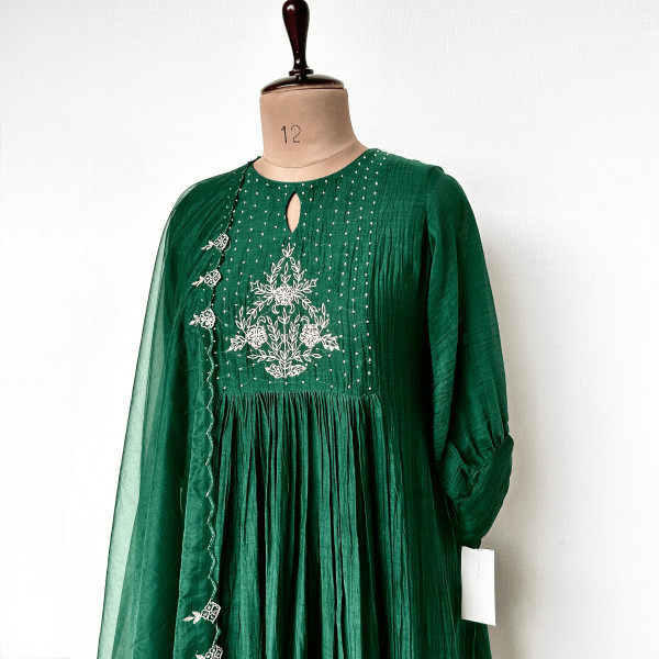 Bottle Green Mul Chanderi Kurta Set