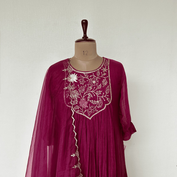 Wine Mul Chanderi Kurta Set
