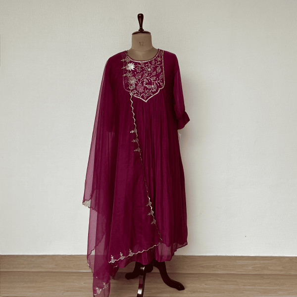 Wine Mul Chanderi Kurta Set
