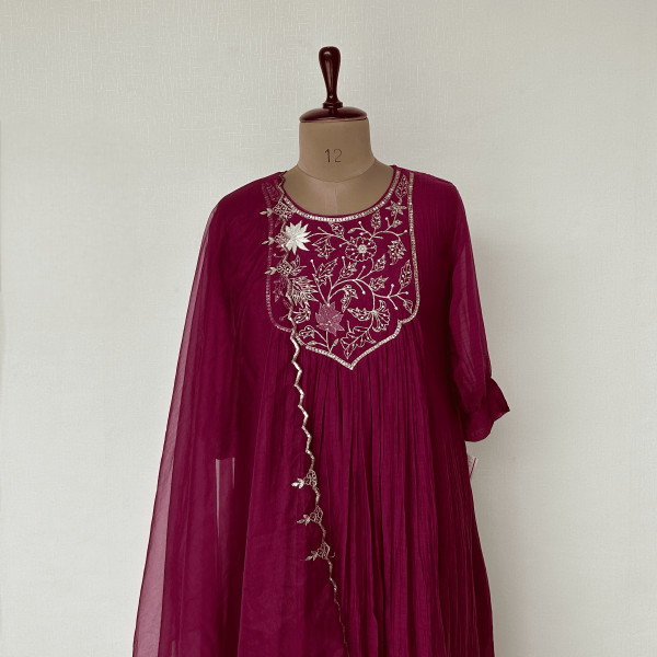 Wine Mul Chanderi Kurta Set