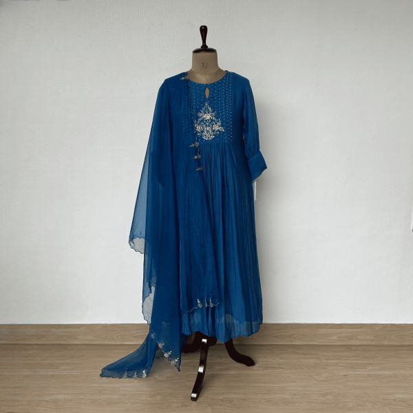Dark Blue Mul Chanderi Hand-embroidered Kurta Set