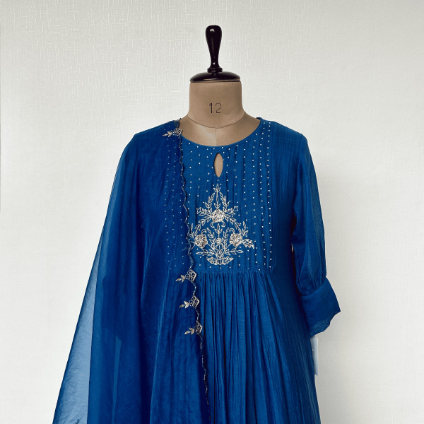 Dark Blue Mul Chanderi Hand-embroidered Kurta Set