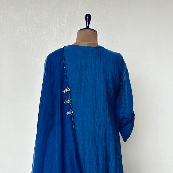 Dark Blue Mul Chanderi Hand-embroidered Kurta Set