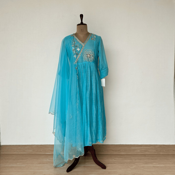 Sky Blue Mul Chanderi Kurta Set