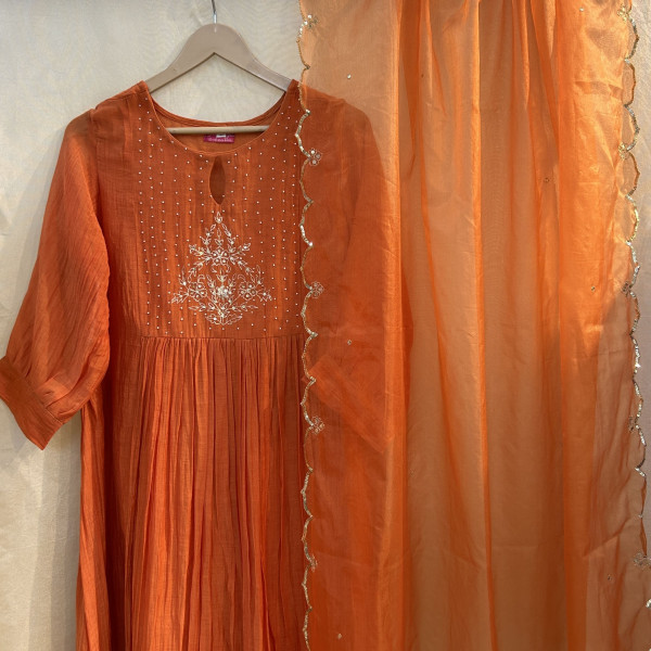 Bold Orange Suit Set with Pearl and Sequin Embroidery