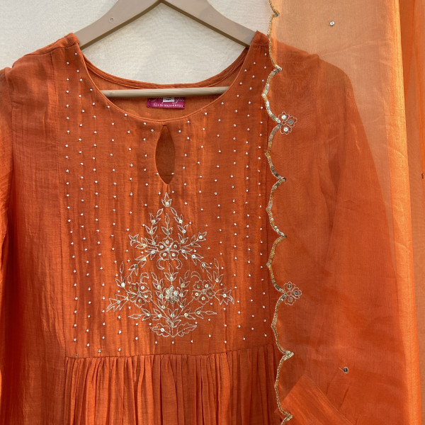 Bold Orange Suit Set with Pearl and Sequin Embroidery