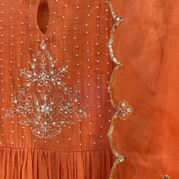 Bold Orange Suit Set with Pearl and Sequin Embroidery