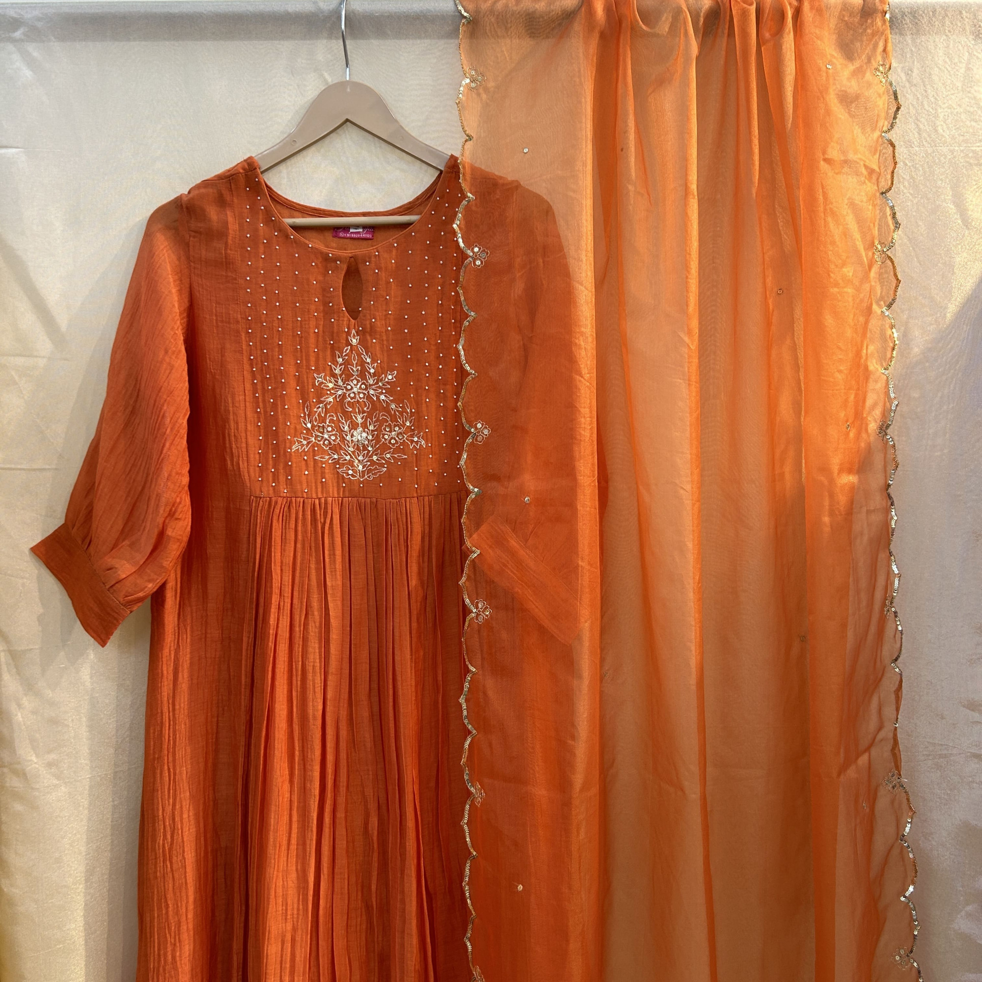 Bold Orange Suit Set with Pearl and Sequin Embroidery