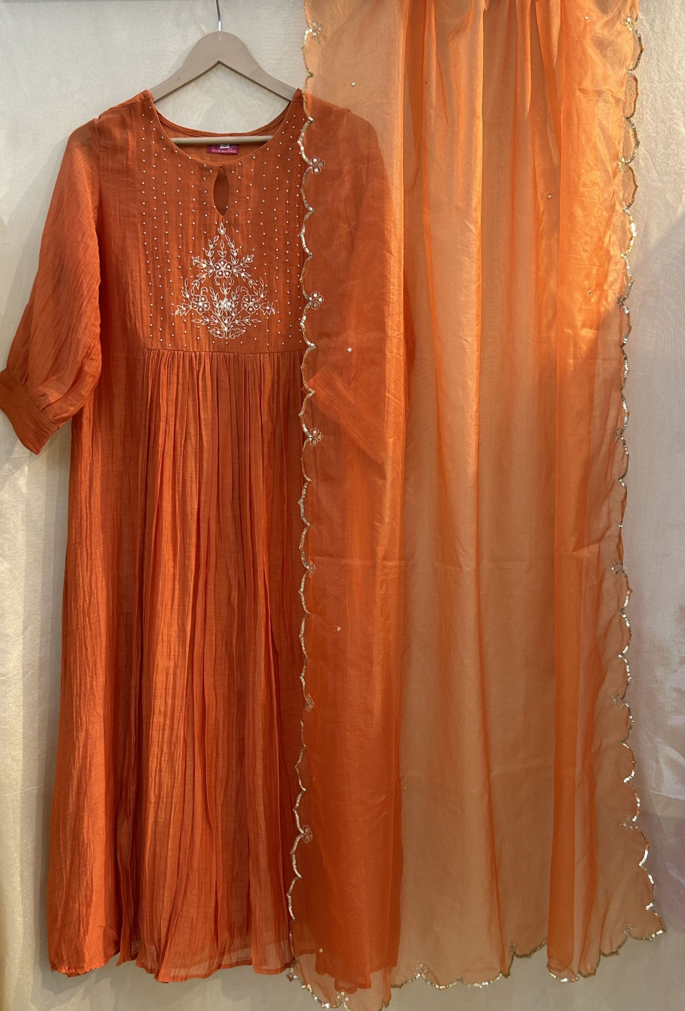 Bold Orange Suit Set with Pearl and Sequin Embroidery