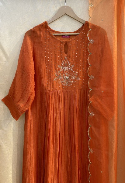 Bold Orange Suit Set with Pearl and Sequin Embroidery