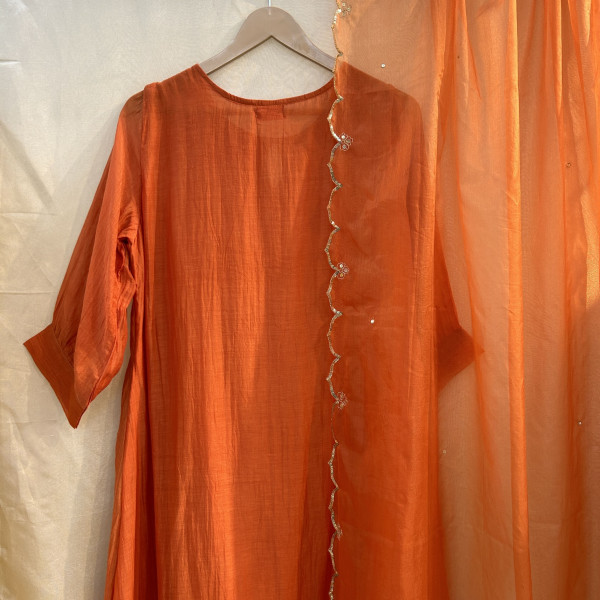 Bold Orange Suit Set with Pearl and Sequin Embroidery