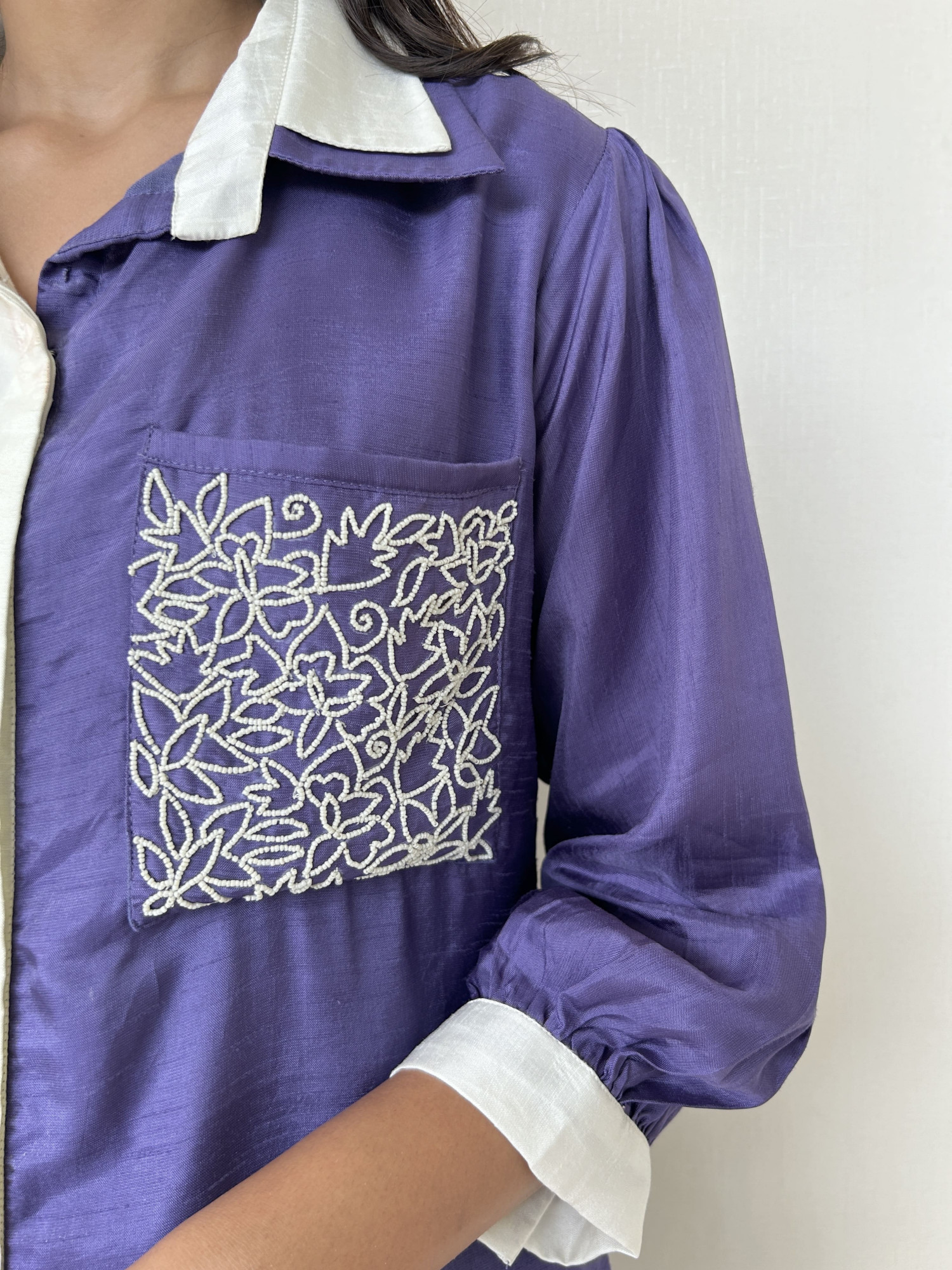 White and Purple Color Blocked Dola Silk Co-Ord Set