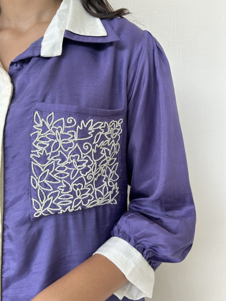 White and Purple Color Blocked Dola Silk Co-Ord Set