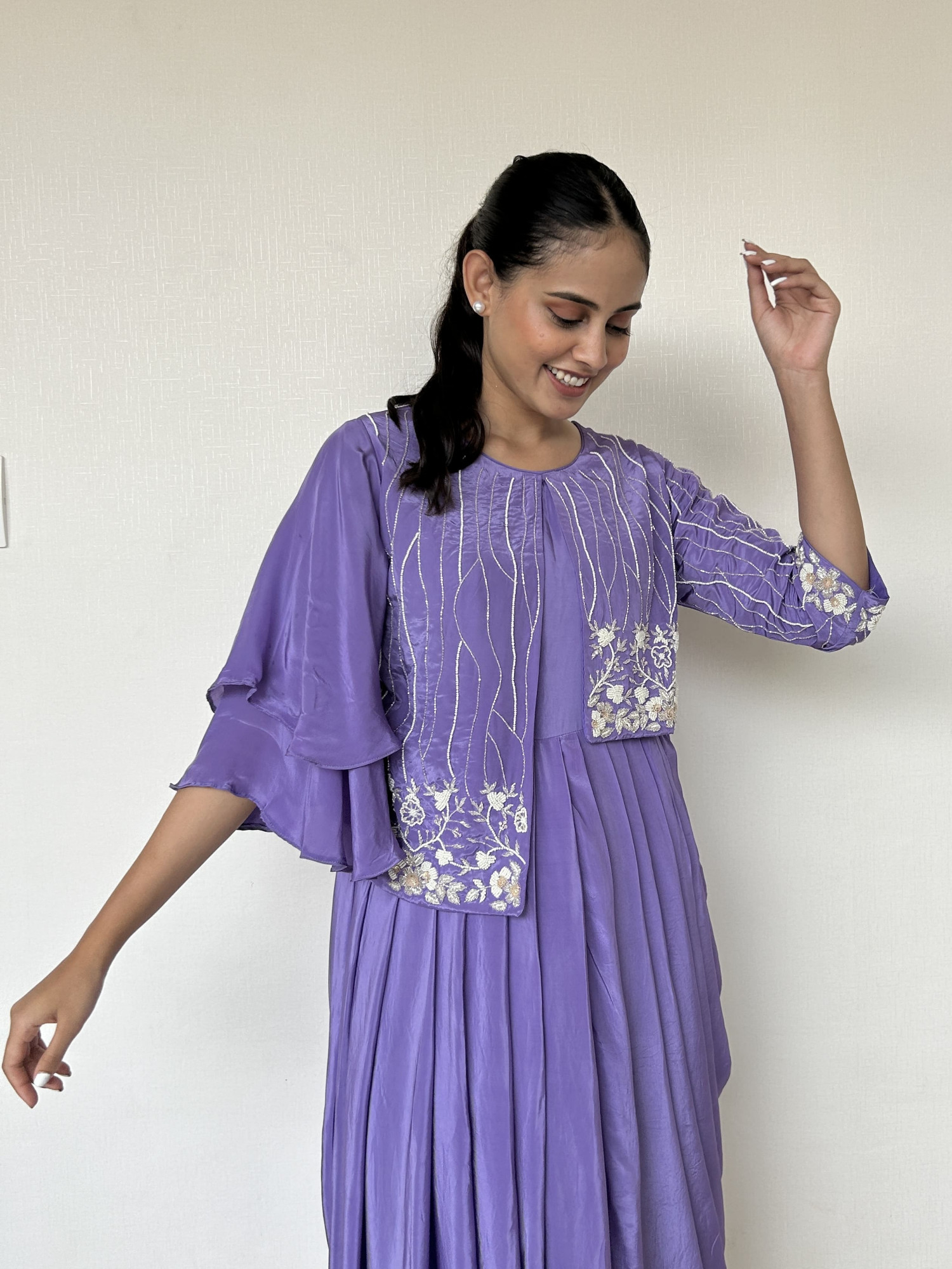 Lavender Natural Crepe Dhoti Style One-Piece