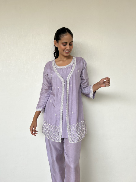 Powder Lilac Dola Silk Co-Ord Set with Pearl Embroidery