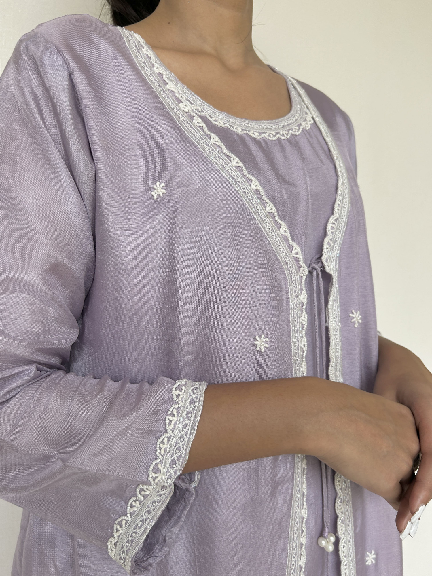 Powder Lilac Dola Silk Co-Ord Set with Pearl Embroidery