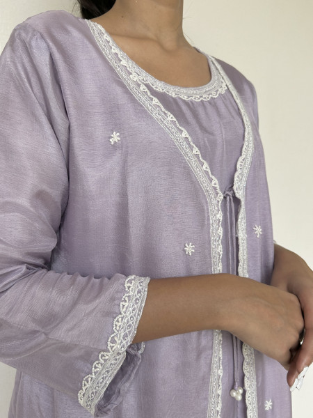 Powder Lilac Dola Silk Co-Ord Set with Pearl Embroidery
