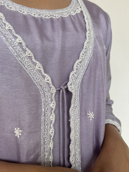 Powder Lilac Dola Silk Co-Ord Set with Pearl Embroidery