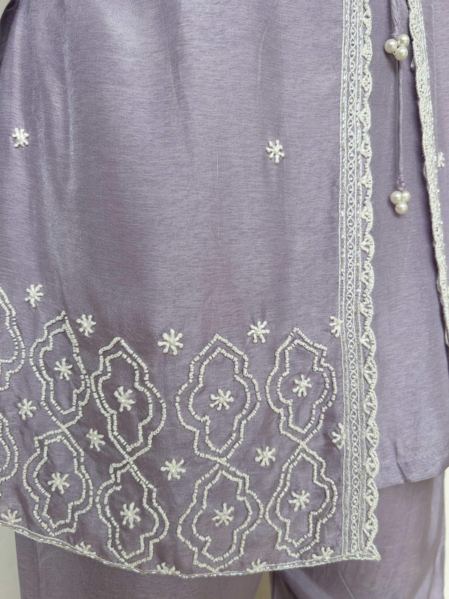 Powder Lilac Dola Silk Co-Ord Set with Pearl Embroidery