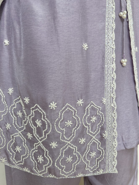 Powder Lilac Dola Silk Co-Ord Set with Pearl Embroidery
