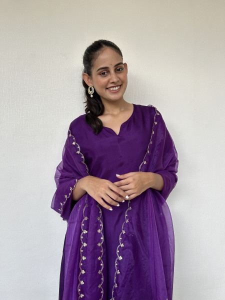 Royal Purple Silk Suit Set with Peacock Embroidery