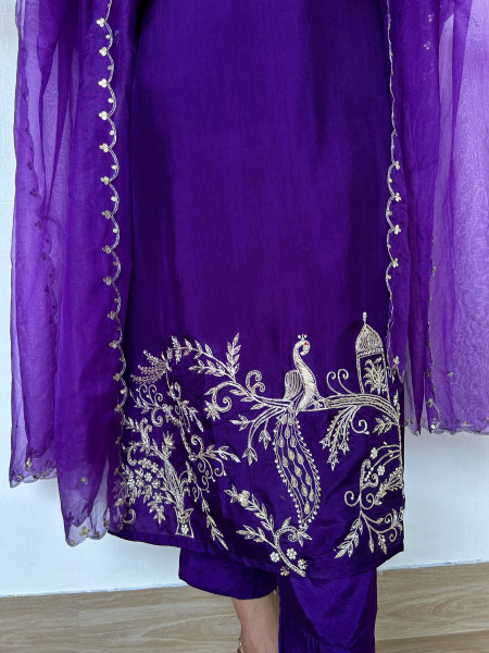 Royal Purple Silk Suit Set with Peacock Embroidery
